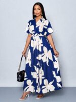 Rochie Lunga Sing Albastra cu Print Floral Crem