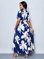 Rochie Lunga Sing Albastra cu Print Floral Crem - imagine 2