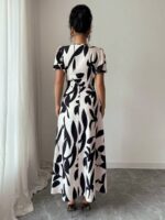 Rochie Lunga Damelia Crem cu Print Negru - imagine 2