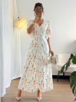 Rochie Lunga Alette Alba cu Print Multicolor