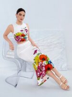 Compleu cu Fusta Giulia Alb cu Print Floral Multicolor - imagine 4