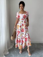 Rochie Lunga Mathia Alba cu Print Floral Rosu si Galben - imagine 3