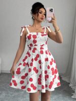 Rochie Scurta Serisa Alba cu Cirese