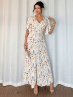 Rochie Lunga Alette Alba cu Print Multicolor - imagine 3