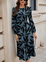 Rochie Midi Albastra cu Print Negru