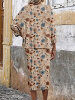 Compleu Cosmina Bej cu Print Floral format din Bluza si  Fusta Midi - imagine 2