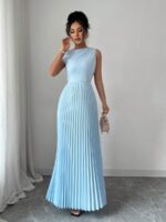 Rochie Lunga Vivian Bleu cu Pliuri - imagine 3