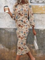 Compleu Cosmina Bej cu Print Floral format din Bluza si  Fusta Midi