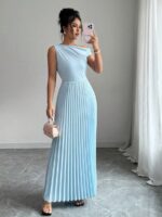 Rochie Lunga Vivian Bleu cu Pliuri