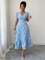 Rochie Midi Carmen Bleu cu Flori Albe