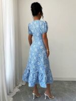 Rochie Midi Carmen Bleu cu Flori Albe - imagine 2