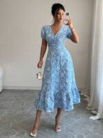Rochie Midi Carmen Bleu cu Flori Albe - imagine 3