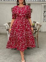 Rochie Midi Huisi Rosie cu Floricele Albe - Marimi Mari