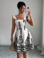 Rochie Scurta Mariella Alba cu Print Negru