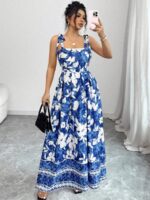 Rochie Lunga Ralia Albastra cu Print Floral Alb - imagine 3