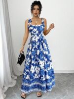 Rochie Lunga Ralia Albastra cu Print Floral Alb
