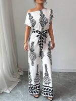 Salopeta Lunga Zehra Alba cu Print Negru - imagine 3