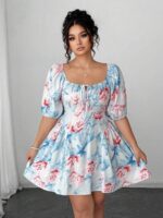 Rochie Scurta Arlina Alba cu Print Rosu si Bleu - Marimi Mari