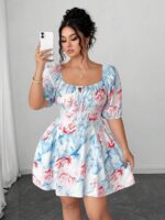 Rochie Scurta Arlina Alba cu Print Rosu si Bleu - Marimi Mari - imagine 3