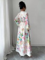 Rochie Lunga Ortansa Alba cu Print Floral Multicolor - imagine 2