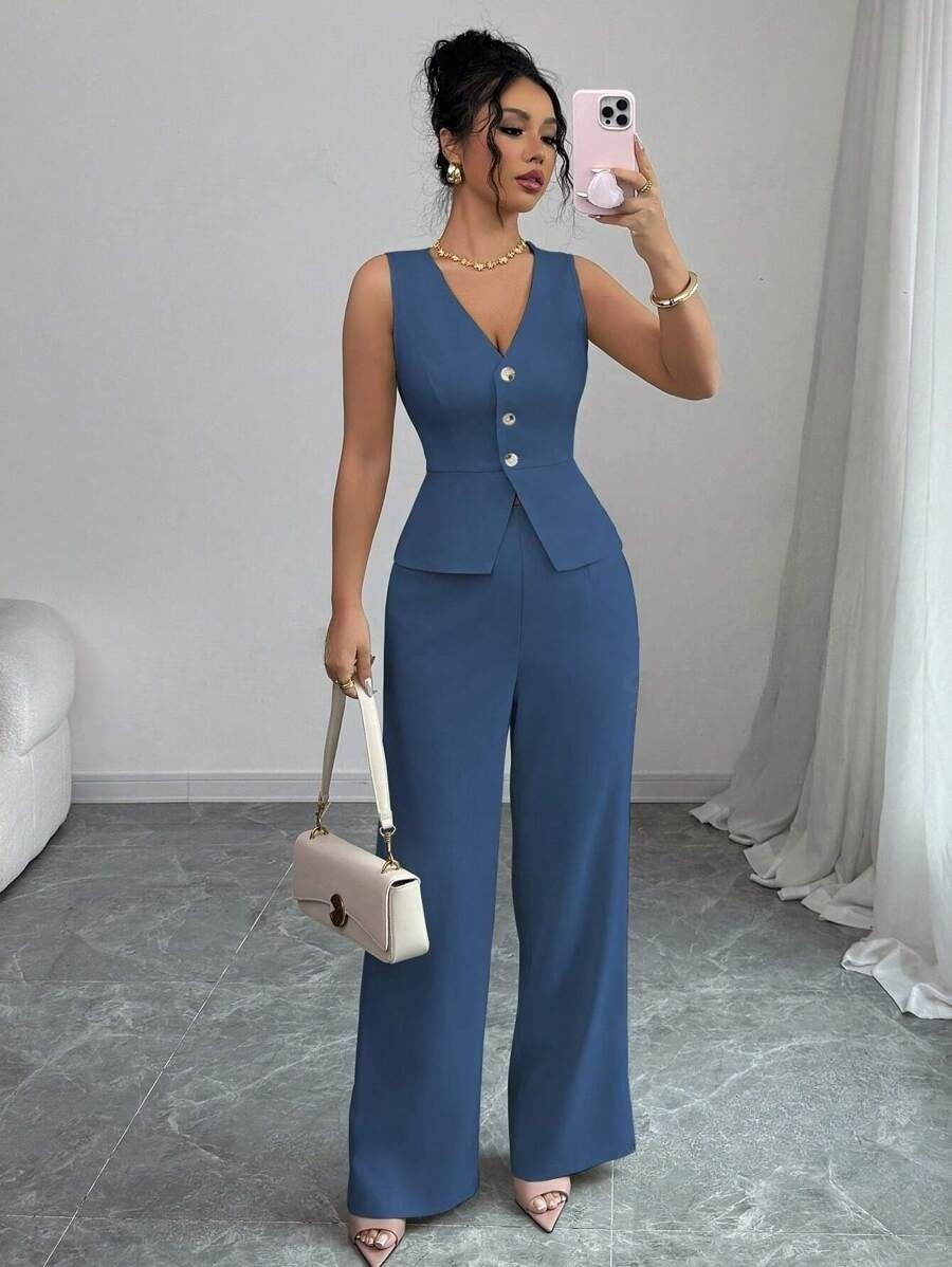 8 Compleu Nathaly Albastru format din Vesta si Pantalon - imagine 1
