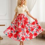 Rochie Lunga Lorrie Crem cu Print Floral Multicolor - imagine 4