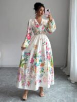 Rochie Lunga Ortansa Alba cu Print Floral Multicolor - imagine 3