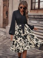 Rochie Scurta Heniuta Neagra cu Crem si Print Floral Negru
