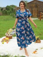 Rochie Midi Barbara Albastra cu Print Floral Roz - Marimi Mari