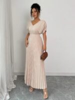 Rochie Lunga Simera Bej cu Pliuri - imagine 3