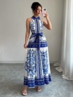Rochie Lunga Valme Alba cu Print Albastru