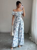 Compleu Aada Alb cu Print Bleu format din Camasa si Pantalon