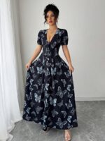 Rochie Lunga Agafia Neagra cu Fluturi Bleu
