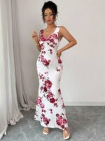 Rochie Lunga Alfrun Alba cu Print Floral Roz