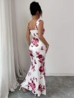 Rochie Lunga Alfrun Alba cu Print Floral Roz - imagine 2