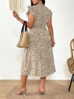 Rochie Midi Ameira Bej cu Print Foral Negru - Marimi Mari - imagine 2