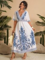 Rochie Lunga Ancia Alba cu Print Bleu - Marimi Mari