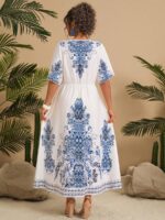 Rochie Lunga Ancia Alba cu Print Bleu - Marimi Mari - imagine 2
