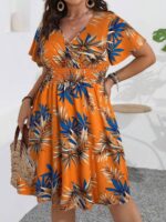 Rochie Scurta Anka Portocalie cu Print Floral Albastru - Marimi Mari