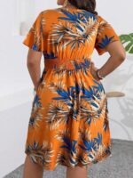 Rochie Scurta Anka Portocalie cu Print Floral Albastru - Marimi Mari - imagine 2