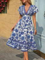 Rochie Midi Bertina Alba cu Print Floral Albastru