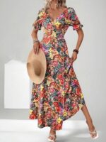Rochie Lunga California Khaki cu Print Floral Multicolor