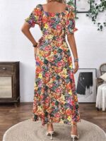 Rochie Lunga California Khaki cu Print Floral Multicolor - imagine 2
