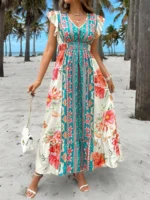Rochie Lunga Carlita Crem cu Print Multicolor