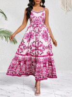 Rochie Lunga Cindy Alba cu Print Roz