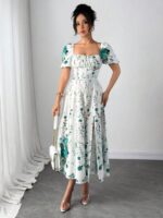 Rochie Midi Deana Alba cu Print Floral Turcoaz