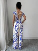 Salopeta Lunga Dolores Crem cu Print Albastru - imagine 2
