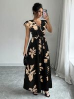 Rochie Lunga Dora Neagra cu Print Bej