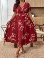 Rochie Lunga Doria Grena cu Print Floral - Marimi Mari