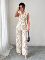 Compleu Ellen Crem cu Print Negru format din Top si Pantalon